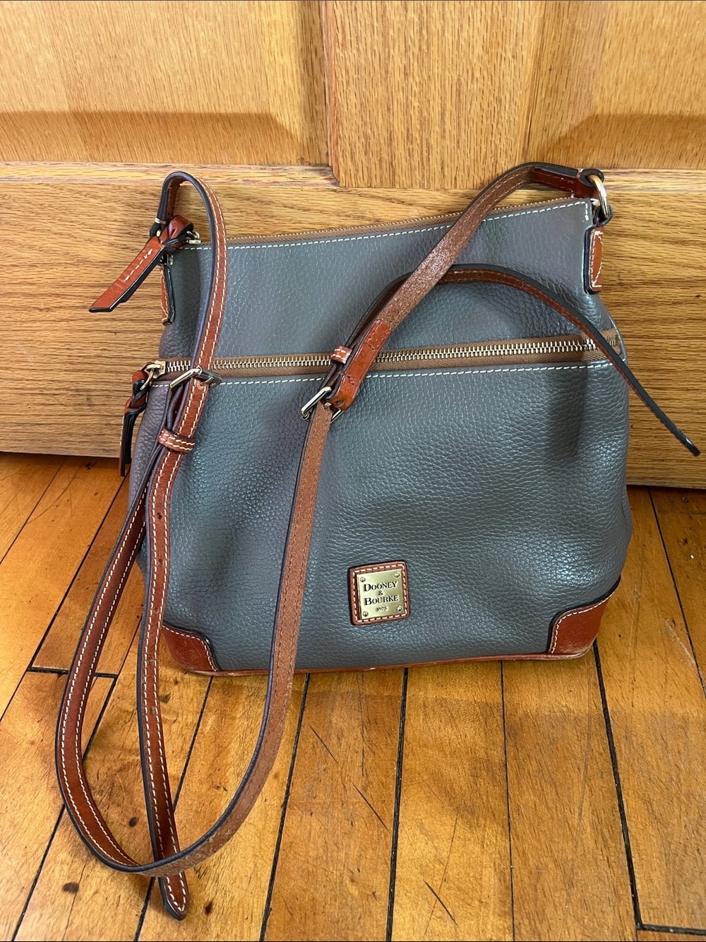 Dooney & Bourke Gray Pebbled Leather Shoulder Bag with Brown Trim